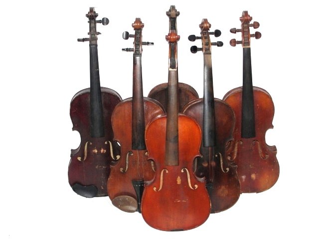 Collection Of Six Vintage Violins: All having two piece maple backs, average L.O.B. 13-13 1/4''. Condition overall good, one with neck off, normal wear with scuff marks missing pieces. See Photos. '' From retired Instruments dealer. Ma