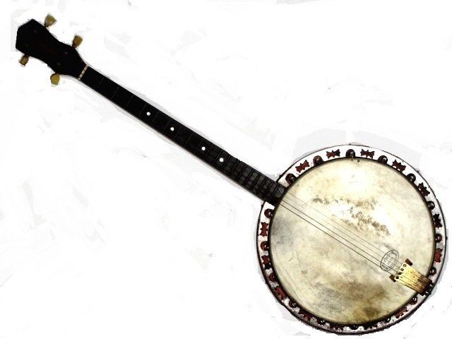 Vintage Slingerland Calif. Bluegrass Banjo: Having a pin wheel design on back side resonator, 20 frets, Condition used, does need cleaned and restrung, appropriate wear for age usage. Two chips on fret board. From retired Instrument dealers col