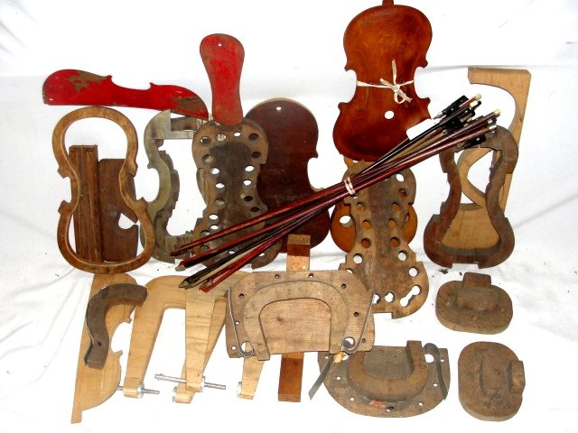 Lot Of Violin Forms, Bows And Wood Pieces Etc.: Condition good usable parts and mic's wood.