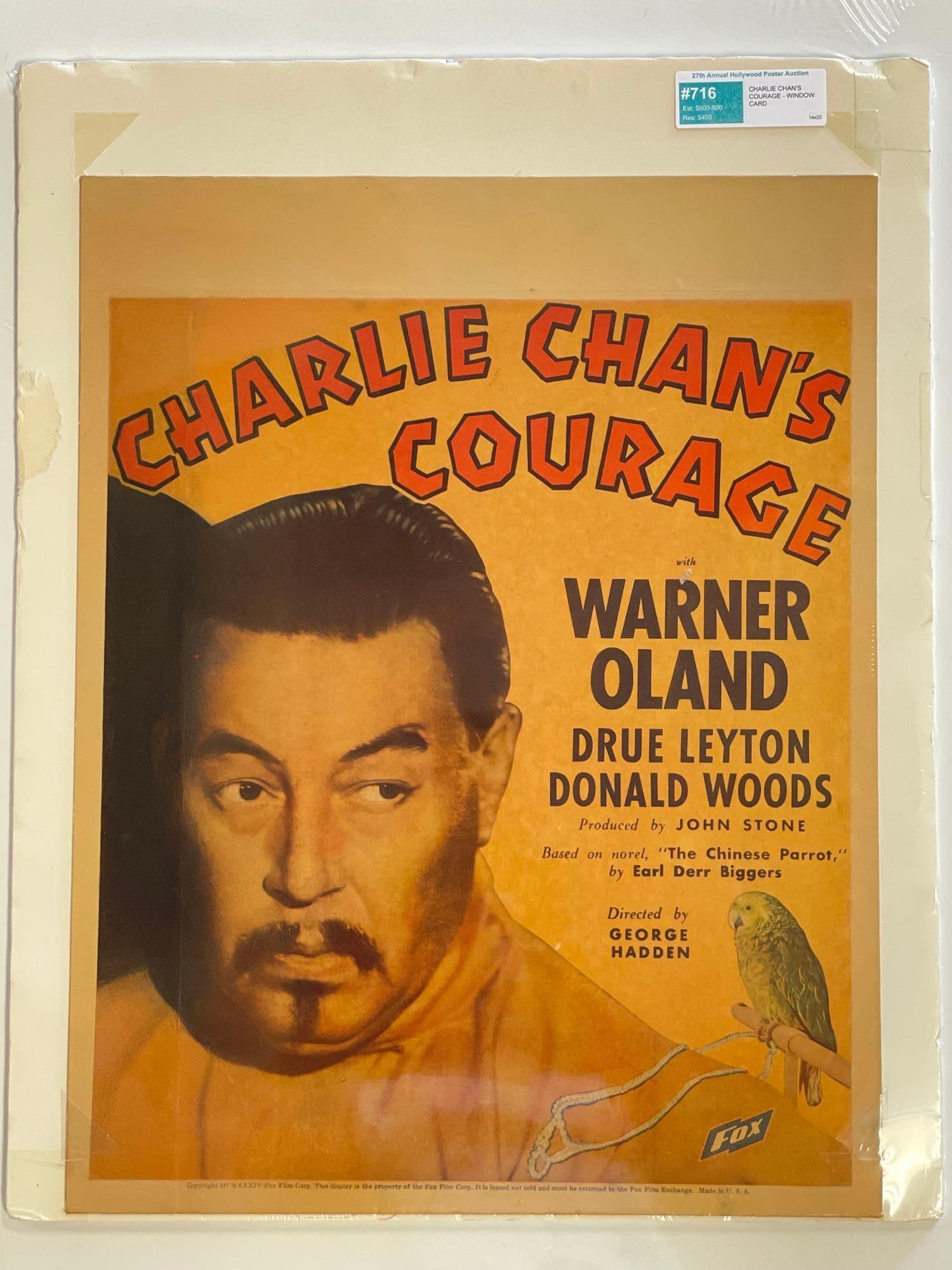 Charlie Chan's Courage - window card: 1934, 14x13, U.S., Fox, B+ condition With Warner Oland Crime