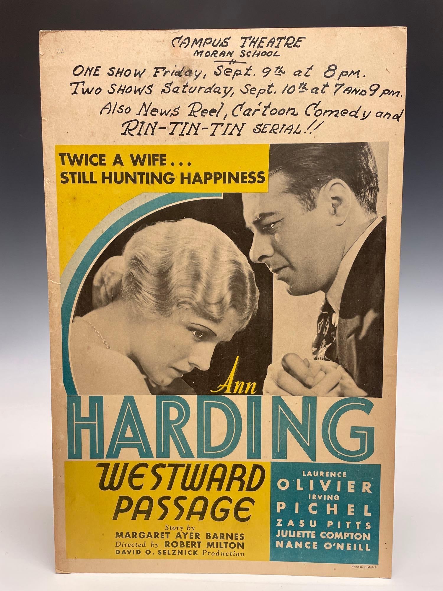 Westward Passage - window card: 1932, 14x22, U.S., RKO, B+ condition With Ann Harding, Laurence Olivier, Irving Pichel, Zasu Pitts Romance