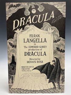 Dracula stage play - window card: 1977, 14x22, U.S., Martin Beck Theatre, B+ With Frank Langella Art by Edward Gorey Horror