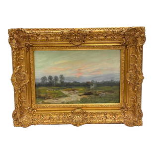 Charles Gruppe (American, 1860 - 1940) Landscape Oil Painting: Charles Paul Gruppe (American, 1860 - 1940) evening landscape oil painting. Oil on Kensington Favor, Ruhl and co. panel board contained in ornate period gold gilt frame. measuring approx 9.5" h X