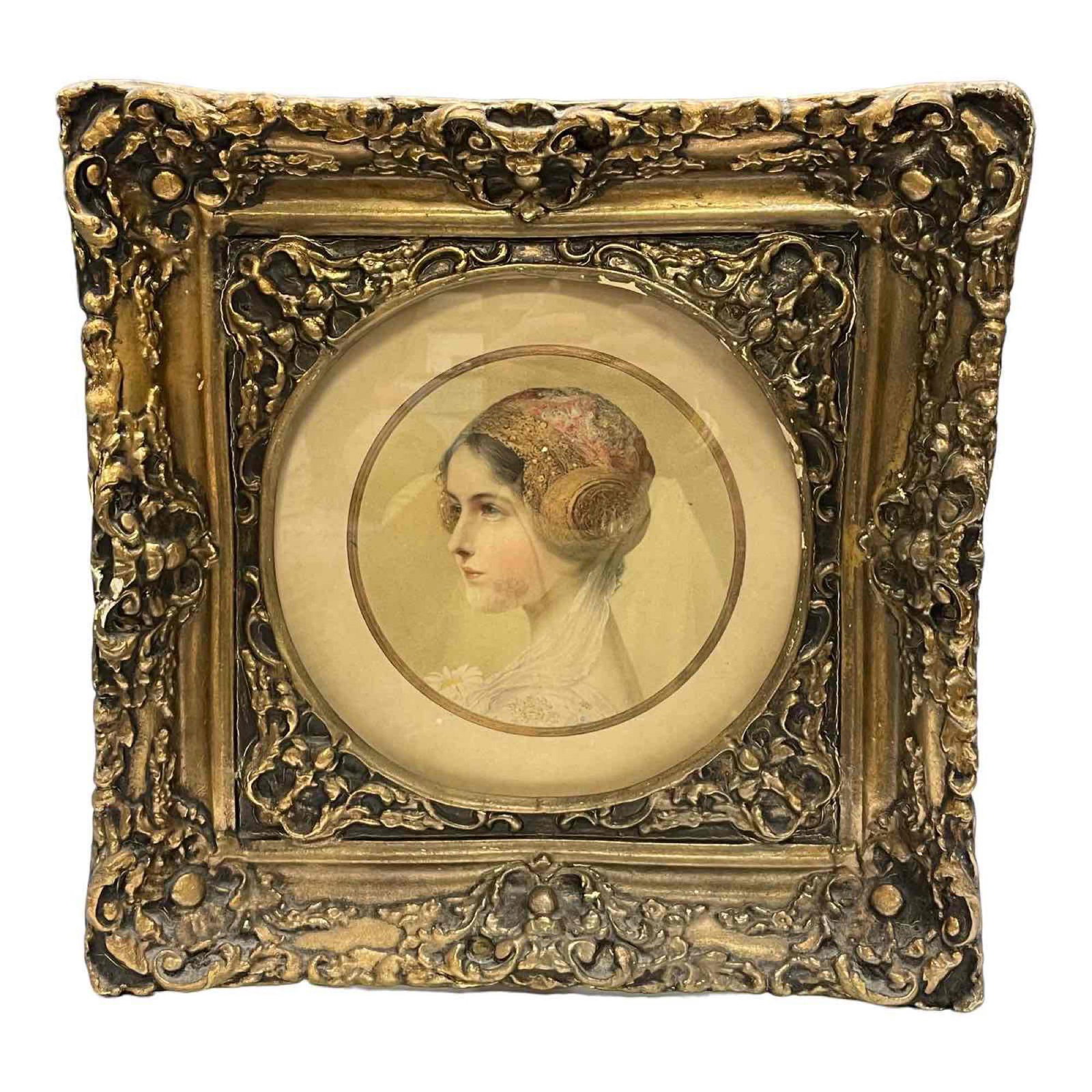 Art Nouveau Portrait Colored Litho in Ornate Frame (1 of 13)
