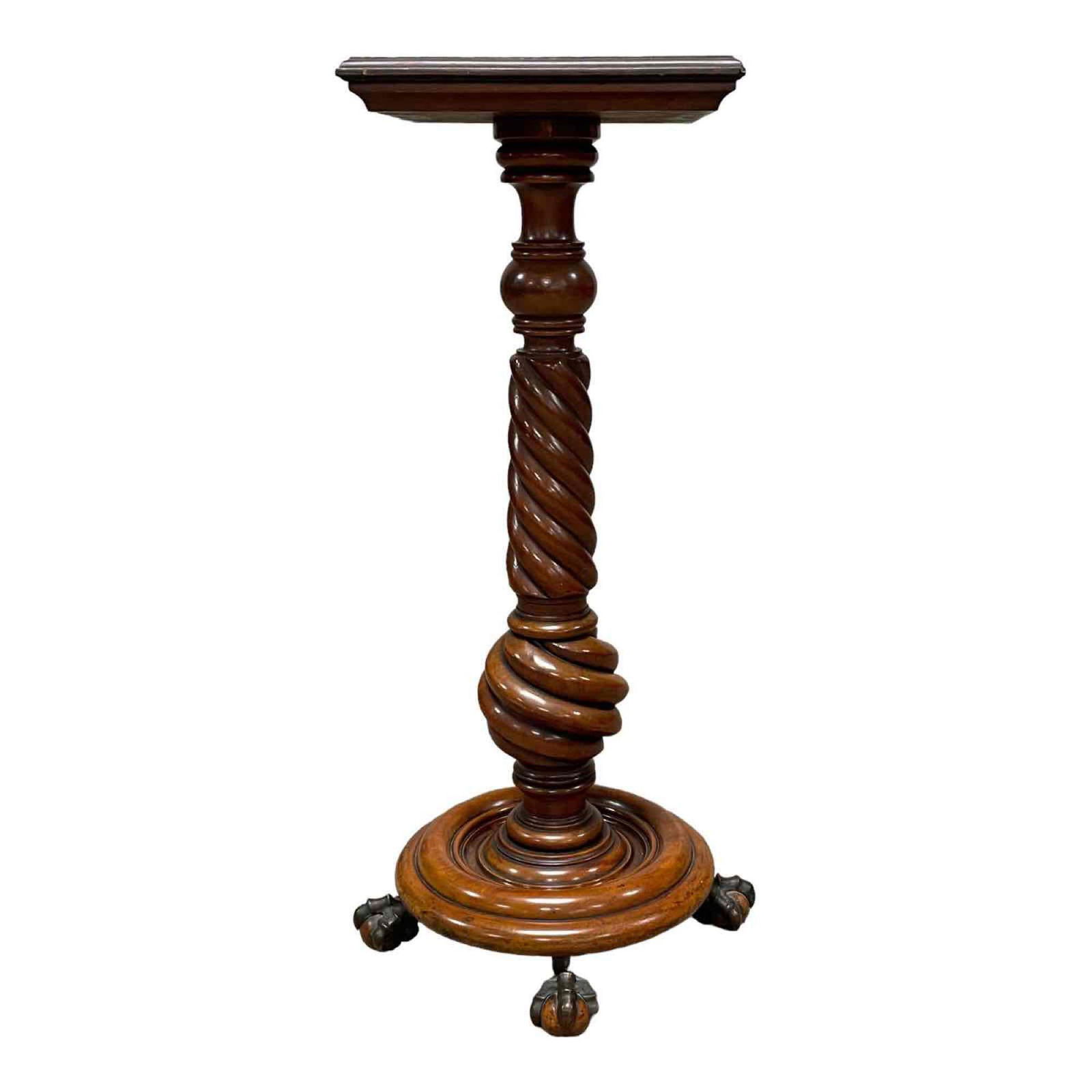19th Century Cherry Turned Pedestal on Ball and Claw Feet: A 19th century, ca. 1880's fine carved and turned cherry wood pedestal stand seated on four ornate copper claw feet with wood ball. Either by George Hunzinger or Merklen Brothers. Measuring approx 32"