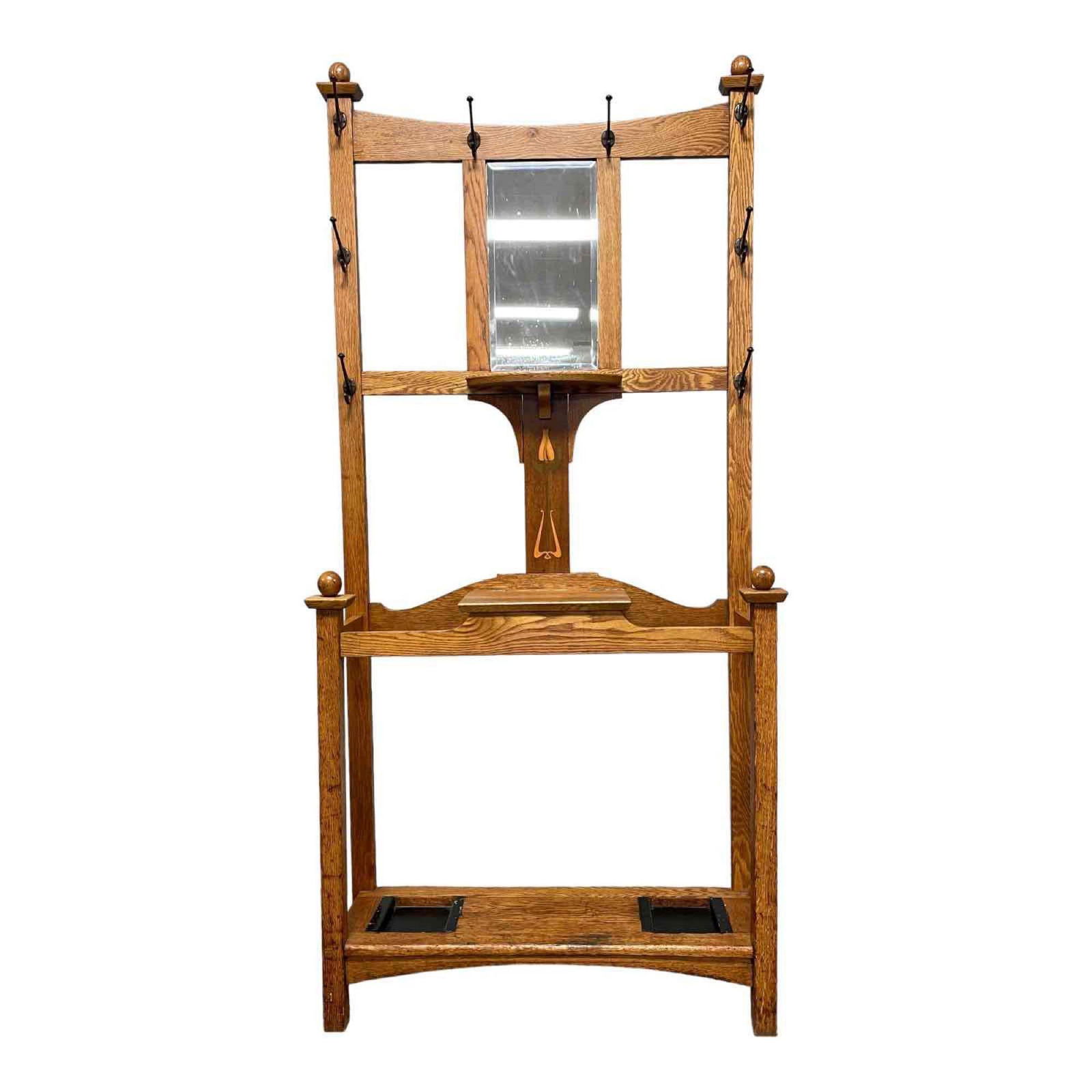 English Arts & Crafts Inlaid Oak Hall Tree w/ Harvey Ellis (1 of 16)