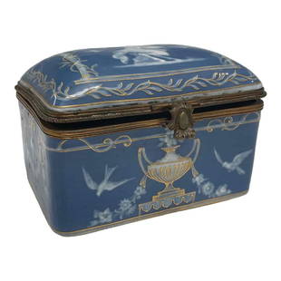 RARE 18th Century Augustus Rex Meissen Hinged Casket Box: A fine,early, 18th century MEISSEN porcelain dresser box with renaissance motif, gold gilt and bronze hinge. Measuring approx 5" wide x 3" tall. Good overall condition as shown. Stamped on bottom with