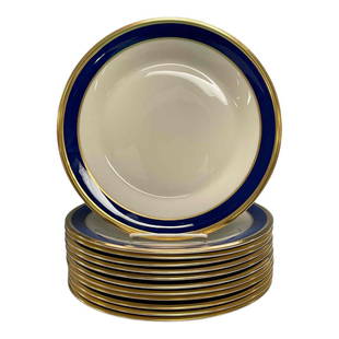 (12) Lenox Cobalt &amp; Gold Dinner Plates - SPECIAL: Fine American china service set for twelve dinner plates by LENOX having Ivory center, cobalt blue border wth gold trim. Stamped in gold as shown, SPECIAL is the pattern name and measuring approx 10.5