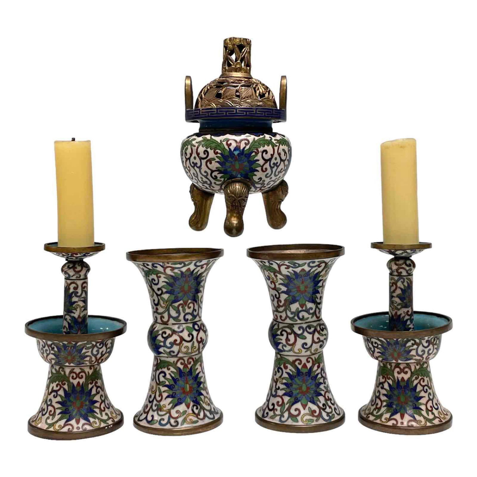 Five (5) pc Chinese Bronze and Cloisonne Set (1 of 19)