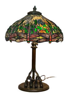 A Grand Bronze DRAGONFLY Leaded Glass Lamp: Am impressive Tiffany Studios style bronze table with leaded and stained glass shade in the well executed Dragonfly motif. Unsigned or marked, but the quality is certainly that of a follower of Louis