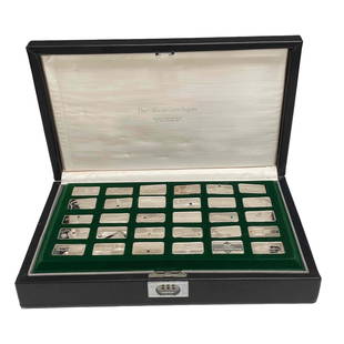 Franklin Mint - The Official Gem Ingots - 30 Sterling Silver: Franklin Mint "The Official Gem Ingots," thirty sterling silver ingots, each with a company name and set with a different gemstone, all in fitted case, 1 7/8" h x 2 1/16" w (each ingot), approximately