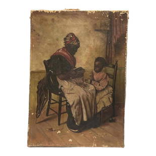 19th C. American School African American Genre Oil Painting: A Late 19th or early 20th century The Tangled Ball of Yarn oil painting on canvas. The black Americana painting depicting a motherly African American seated with young child un tangling a ball of yarn