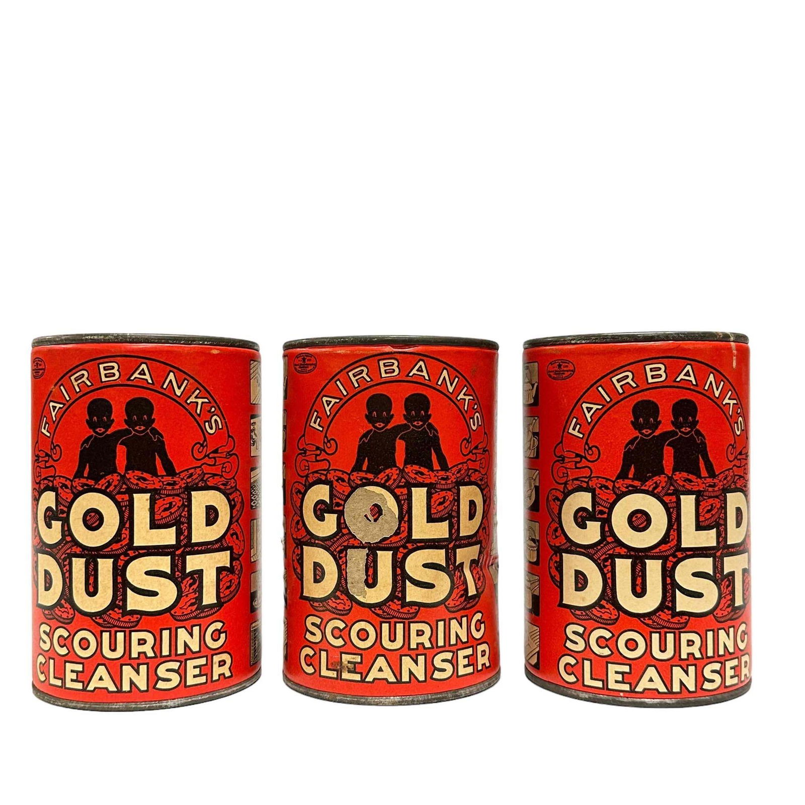 (3) Black Americana Gold Dust Scouring Cleaners Cans: Black Americana, (3) Gold Dust Scouring Cleaners, 14 oz metal cans, all new old stock full of orig product in good condition (one dented as shown) measuring approx , 5"H.