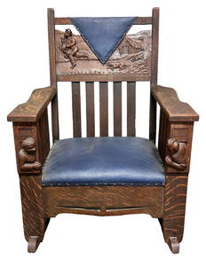 Unusual Black American Folk Art Carved Oak Rocker: Unusual carved mission oak rocking chair with figural cravings. The back crest depicts a young African American boy running while holding a chicken by its neck while being chased on a farm / plantatio