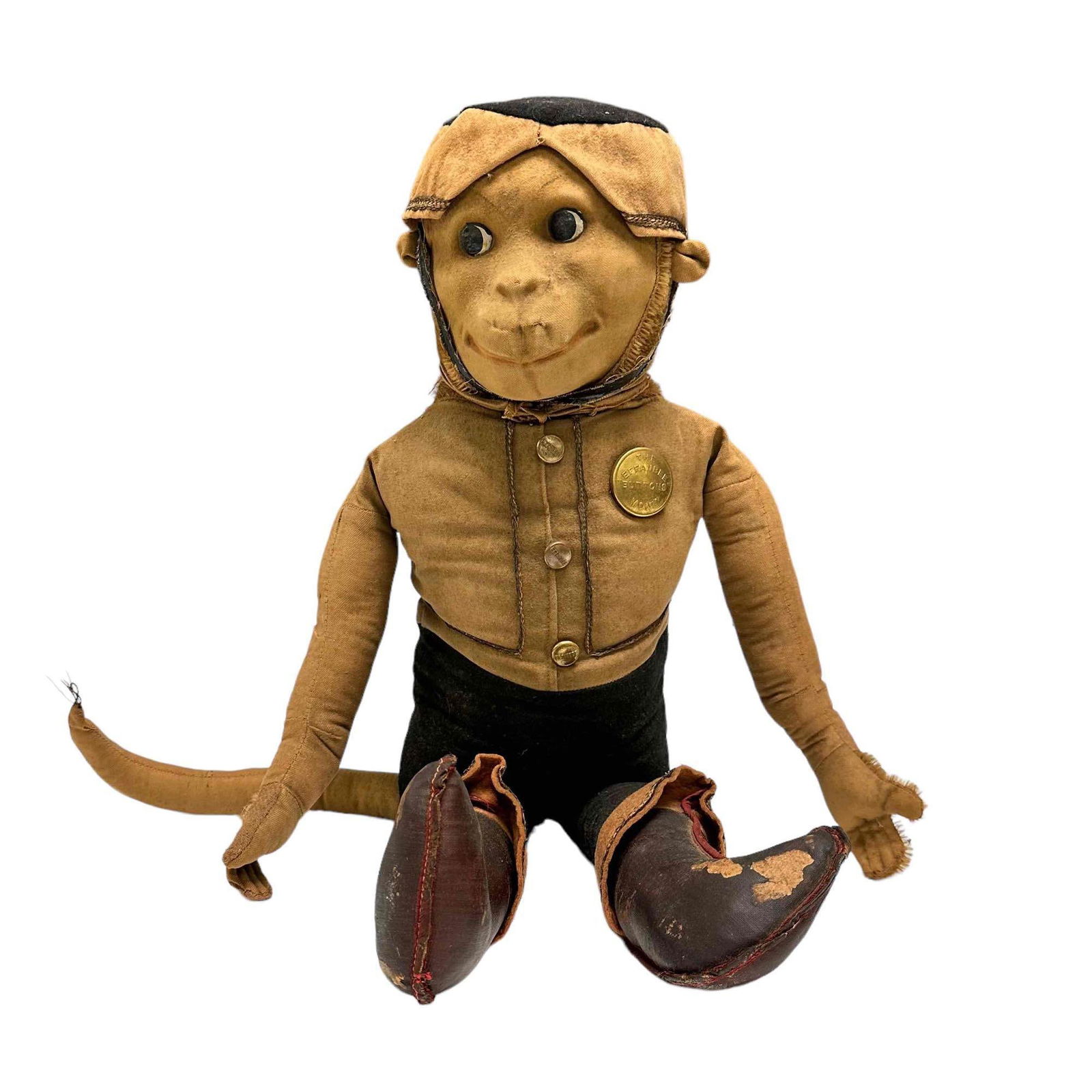Early Effanbee American "Buttons Monk" Bellhop Monkey: Early Bellhop stuffed monkey approx 27" tall. Effanbee buttons throughout as shown. Good used condition, some losses as shown, see photos
