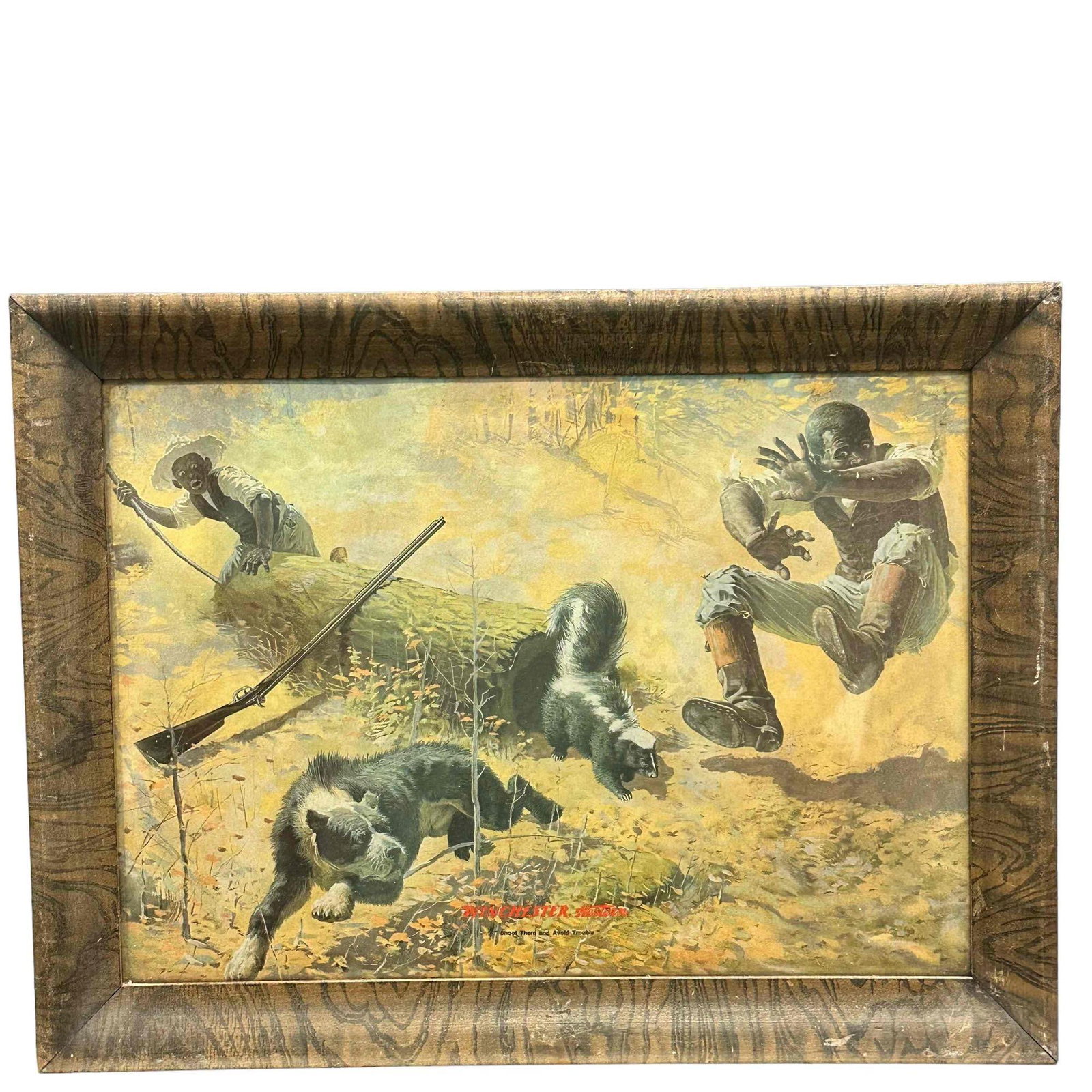 Winchester Lithograph â€œShoot Them and avoid troubleâ€: Framed lithograph SHOOT THEM and AVOID TROUBLE. Measuring approx 18.5" wide x 14.25" including them frame. See photos