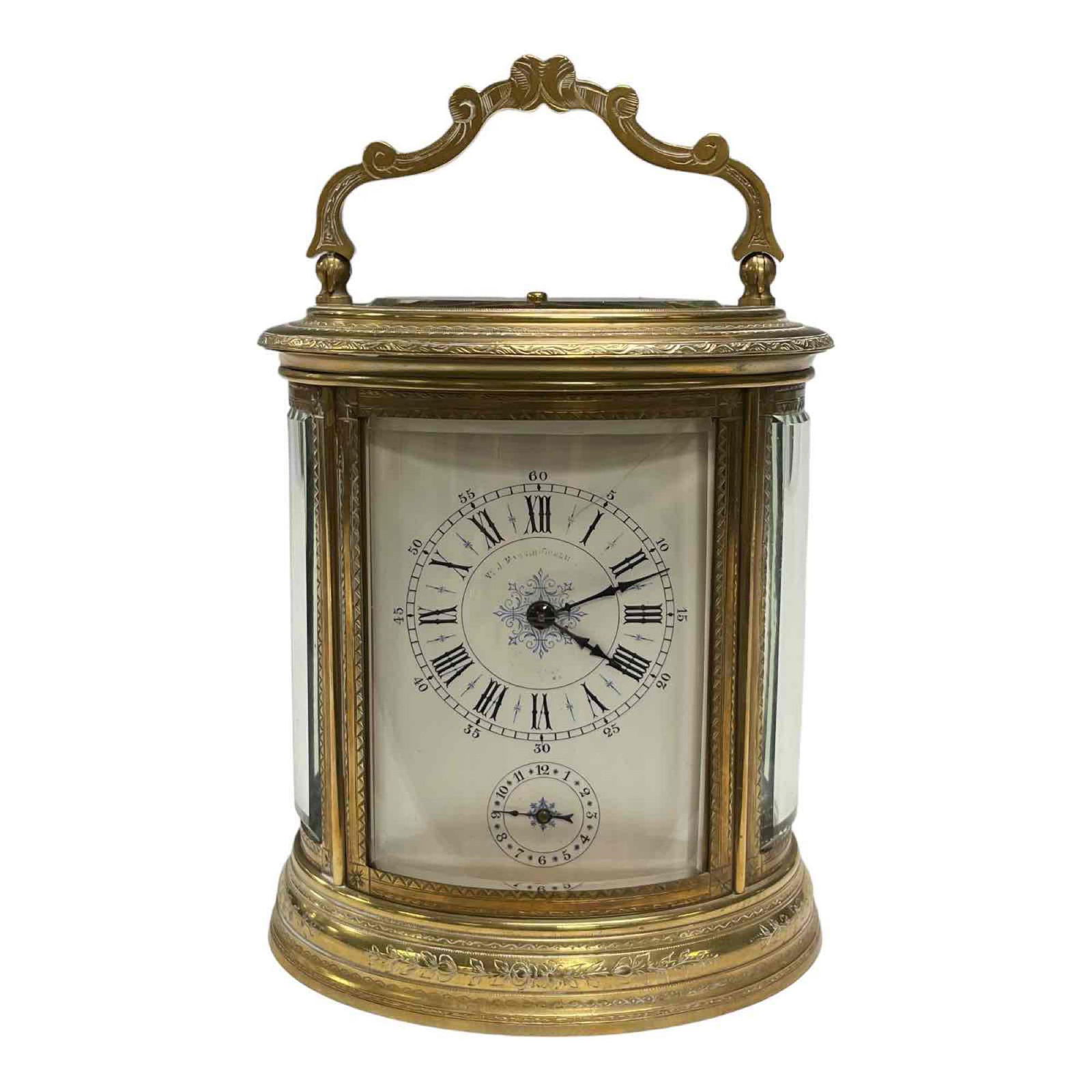 19th C. French Engraved Gilt Oval Carriage Repeater Clock w Key (1 of 17)