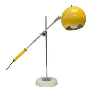 Mid-Century Modern Yellow Eyeball Orb Desk Lamp by Robert Sonneman: Mid Century Modern fun and funky retro desk lamp. Eyeball Orb yellow enabled head, adjustable on white round 6" weighted base. Good working condition as shown. Scuffs and light wear present as shown,