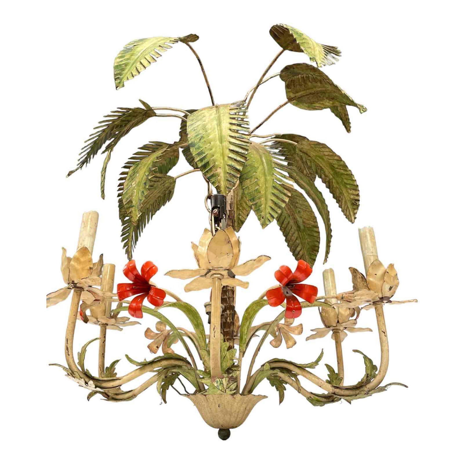 Mid 20th Century TOLE Painted Palm Tree Chandelier (1 of 20)