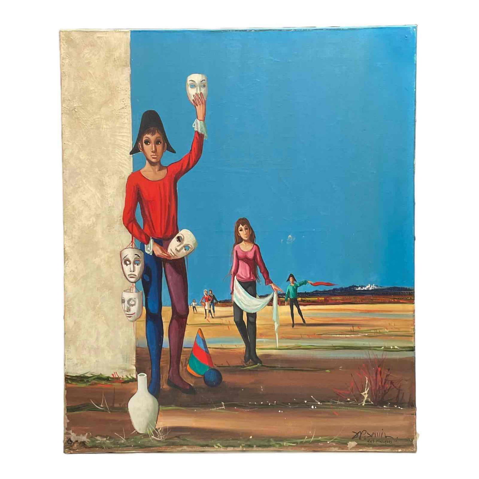 Jean Pierre Serrier 1934-1989 Surreal Oil Painting "Les Masques" (1 of 16)