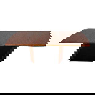 Pietro Costantini for Ello Furniture Postmodern High Lacquered Table: Pietro Costantini (Italian) for Ello Furniture (American), late 20th century, Postmodern wood and lacquer dining table having a rectangular top and rising on a black and wood pedestal base, accompanie