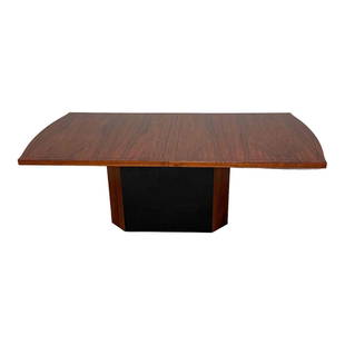 Pietro Costantini for Ello Furniture Postmodern High Lacquered Table: Pietro Costantini (Italian) for Ello Furniture (American), late 20th century, Postmodern wood and lacquer dining table having a rectangular top and rising on a black and wood pedestal base, accompanie