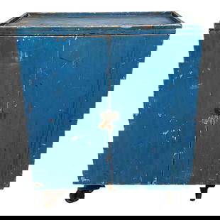 American Blue Paint Industrial Two Door Rolling Work Station: 2 door with hooks and hangers on one side and 7 drawers on the other. Cabinet has plenty of scrapes and scratches with wear along edges showing its years of use and purpose. Measuring approx 37'' x 30