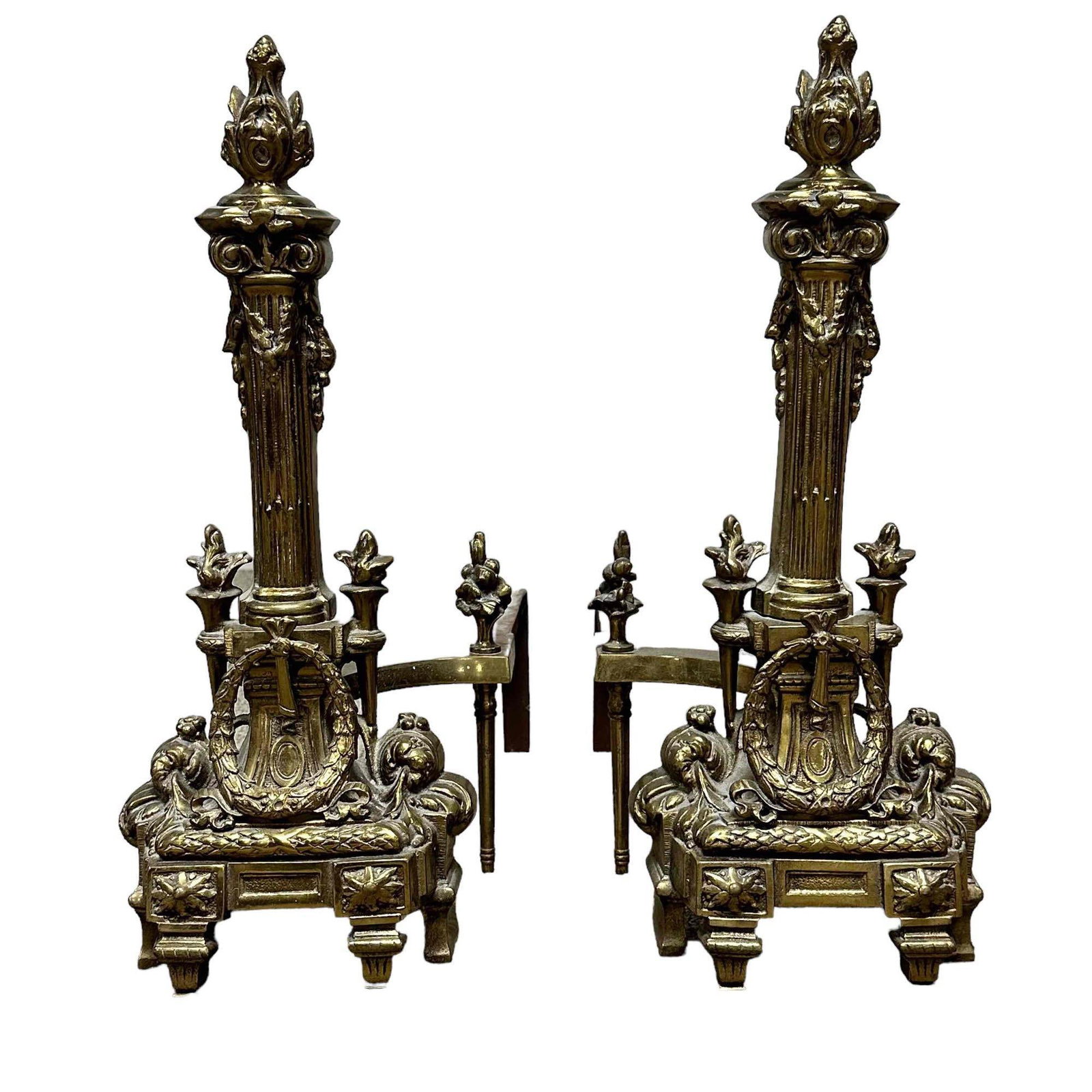 French Empire Brass Columned Andirons with Flame Finials (1 of 16)