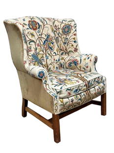 Antique Crewel Work Embroidery Wing Back Chair: 20th century American Chippendale style wing back chair with crewel work textile upholstery. By Vanguard of Hickory North Carolina. Measuring approx 34" from arm to arm, 27" deep, the seat height is 1