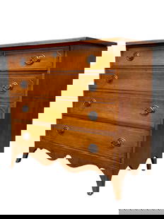 American Federal Hepplewhite Cherry Chest on French Bracket Feet: 1790-1810 American Federal period Hepplewhite for drawer chest of drawer. Cherry cased, four drawers with pine secondary wood and French spade bracket feet. Some scuffs and wear present, overall very