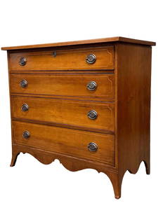 American Federal Hepplewhite Cherry Chest on French Bracket Feet: 1790-1810 American Federal period Hepplewhite for drawer chest of drawer. Cherry cased, four drawers with pine secondary wood and French spade bracket feet. Some scuffs and wear present, overall very