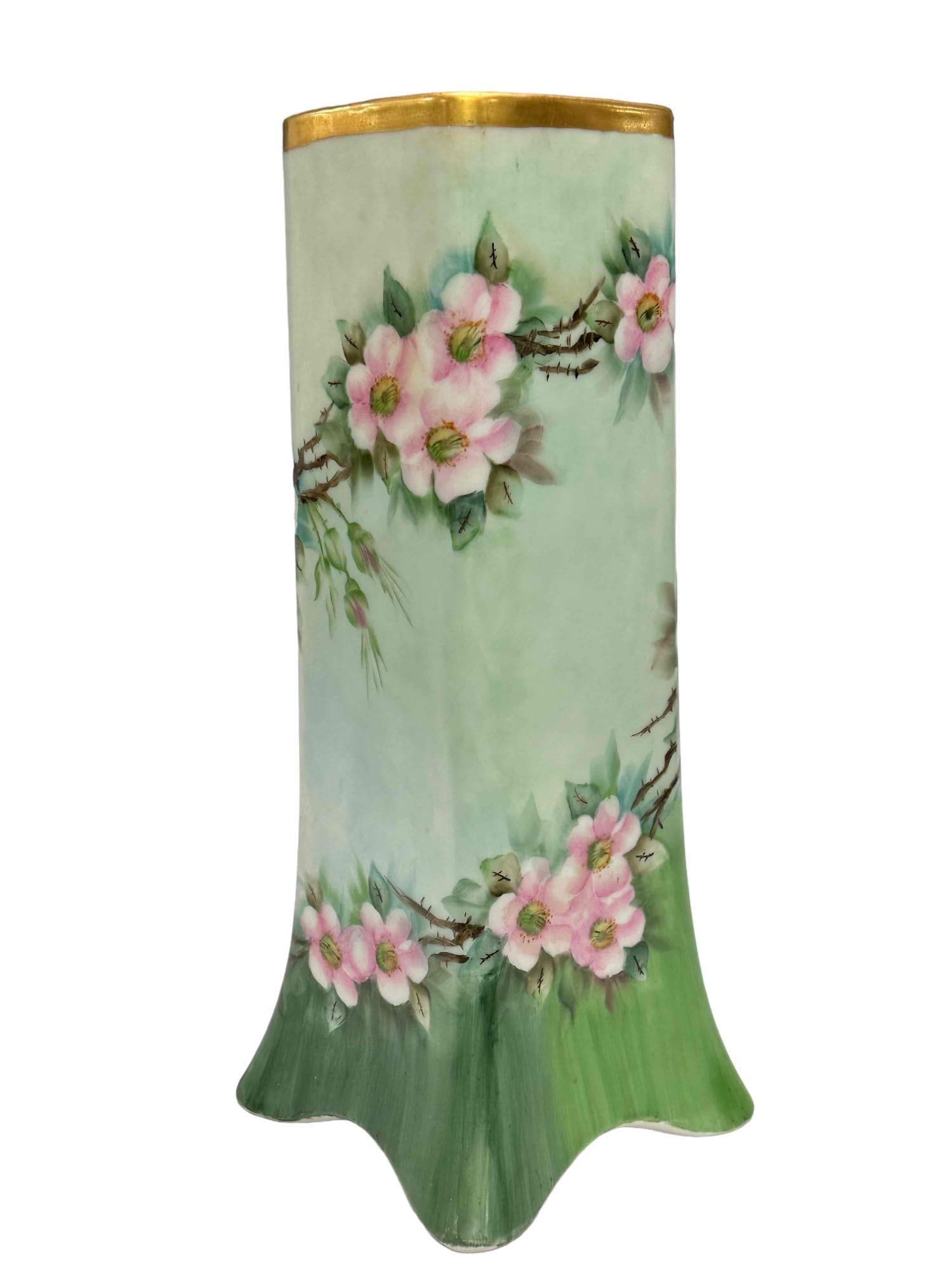 Tall Bernardaud and Co Limoges France Vase: Late 19th century, square form floral decorated vase with gold gilt tim on splade feet. Measuring approx 14.5" tall. Light wear, otherwise good age appropriate condition as shown, see photos. Marked B