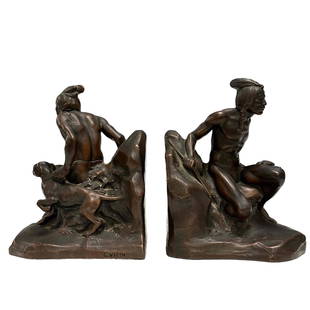 Bronze Bookends of an Indian and His Dog Signed C.Vieth: circa 1900-1910 bronze clad bookends of seated Indian scout with his dog "Awaiting the Prey". Finely detailed with rich brown patina stamped C. Vieth and JB1524 on each sculpture. Measuring approx hei