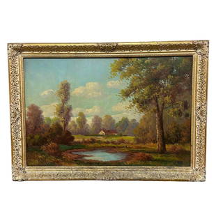 20th Century Signed Oil on Canvas Farm Landscape: 20th Century, American oil painting on canvas in ornate gold gilt frame depicting a country farm landscape with pond in foreground in early autumn season. Signed in lower right "l. WATTS" as shown. Ve