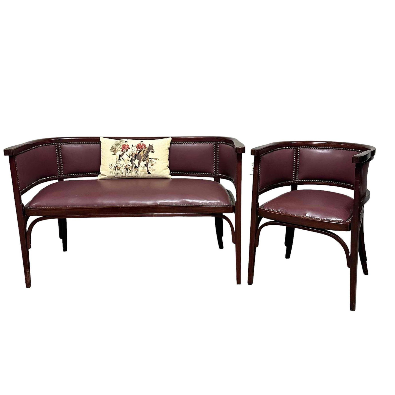 Mid 20th Century 2pc Leather Parlor Set: Includes the double bench seat with matching side chair with wine leather coverings. Chair measures approx 30" high x 22" wide x 22" deep x 18" seat height. Settee measures approx 31" high x 49" wide 