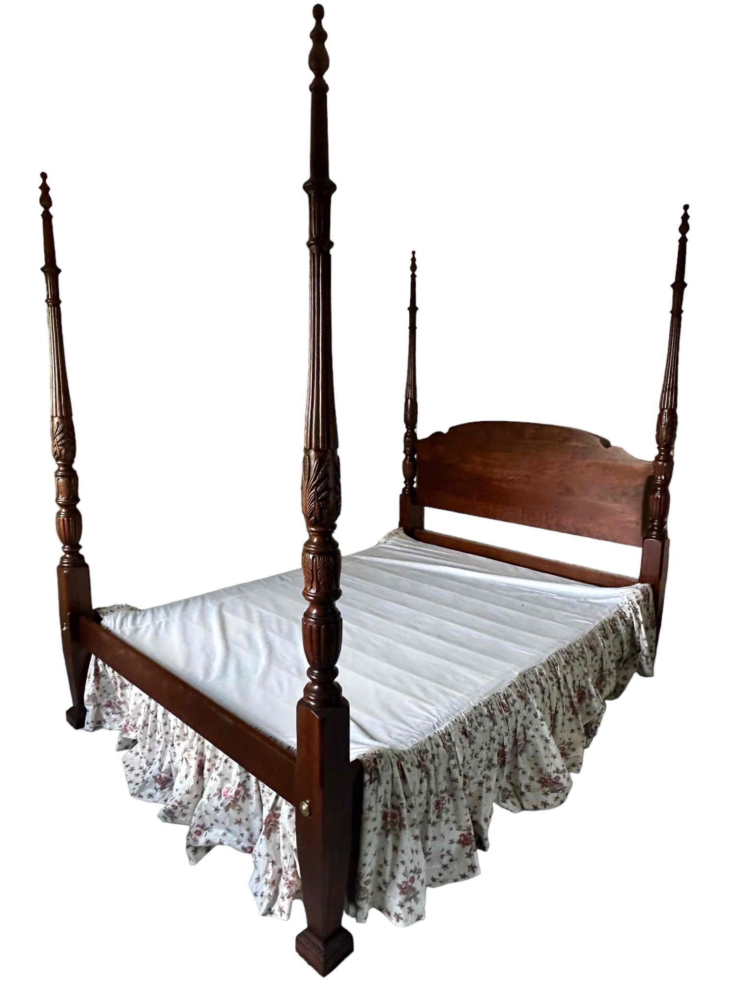 Carved Mahogany Queen Size 4-Poster Canopy Bed: Fine quality four poster bed with canopy (not shown one but complete). no marked, but probably Baker Furniture Co. Good condition overall as shown.