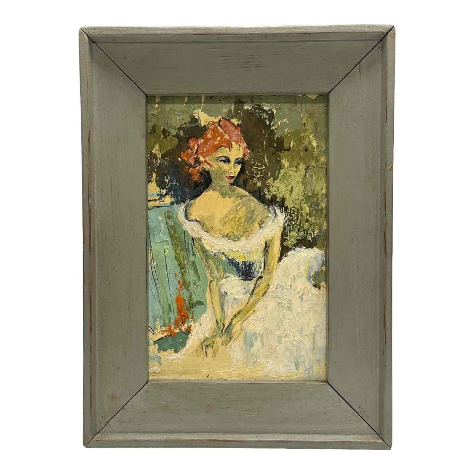 Mid 20th Century Acrylic Painting on Canvas: Attractive, pin up style woman oil painting on canvas. Some what impressionist style woman with low cut dress set in gray painted wood frame. Unsigned. Measuring approx 13.5" tall x 10" wide including