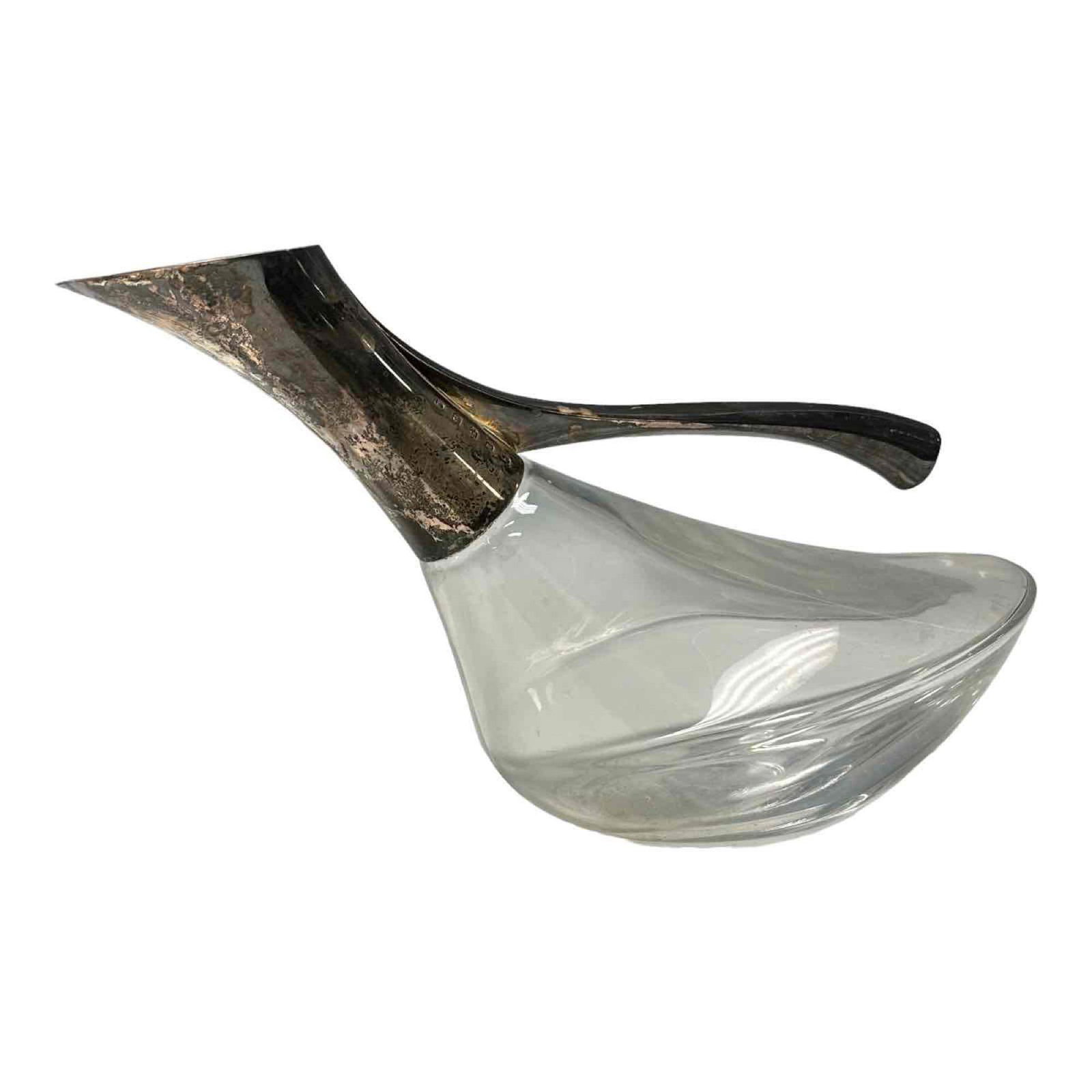 Sterling Silver and Crystal Modernist Wine Claret Jug: Mid 20th century modernist designed ATLANTIS crystal duck body and sterling silver wine carafe measuring approx 8" tall x 13" long. Needs cleaning, but very good no issues, see photos