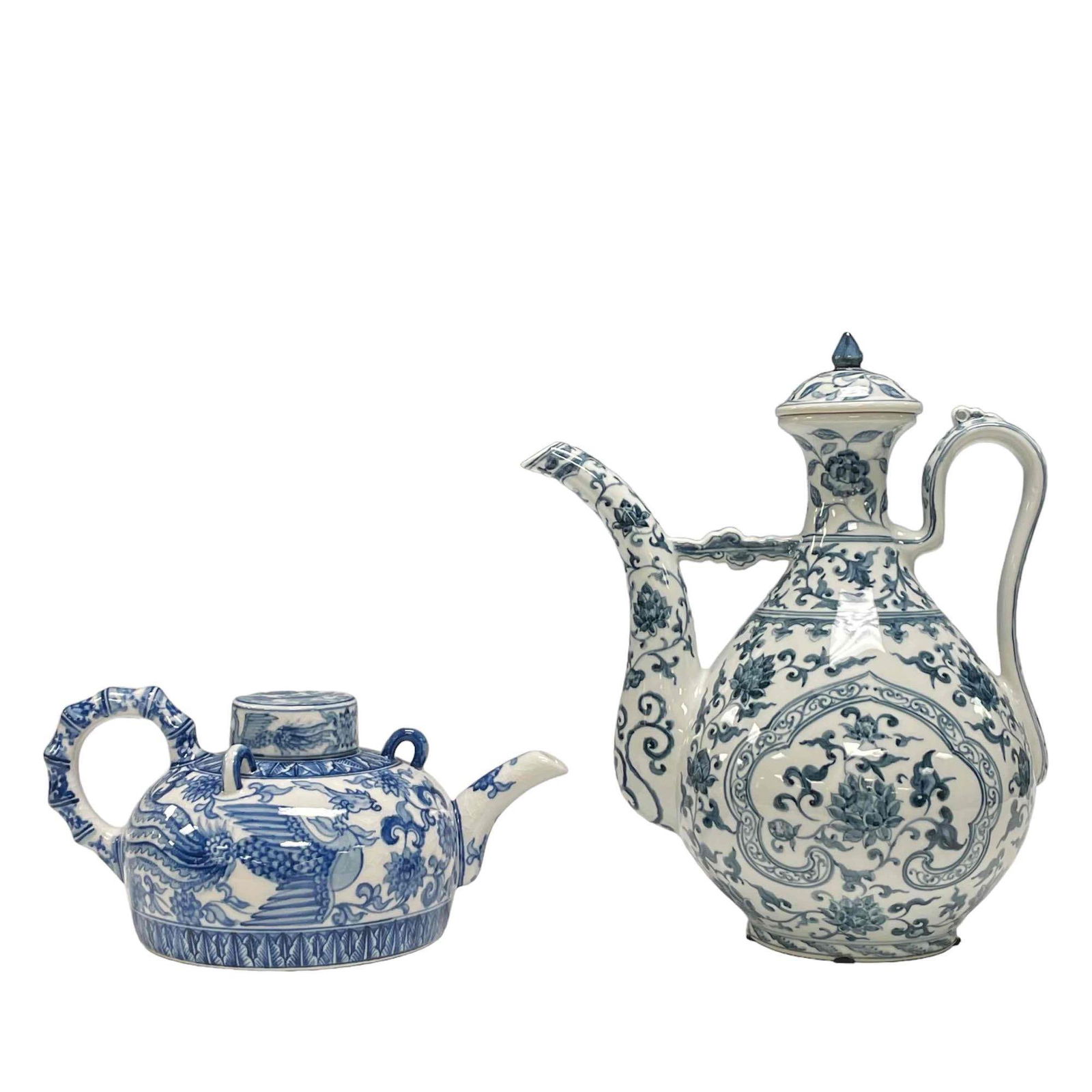 Maitland Smith Blue and Frederick Cooper White Teapot / Coffee: Smaller blue and white with Asian dragon motif designer teapot by Frederick cooper approx 5" tall x 10" wide (handle to spout) in very good condition and a Maitland Smith porcelain coffee pot standing