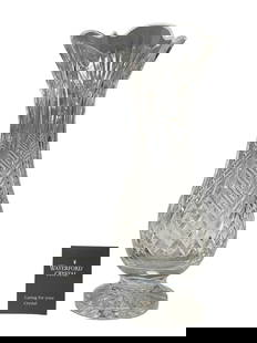 RARE Waterford Crystal Bluebell Pedestal Vase Designer Gallery Collection: The Designer's Gallery edition Waterford crystal 14 inch footed vase with flared top and original box. Box is tattered and faded as shown, Vase in good overall with paperwork and labels present. See p