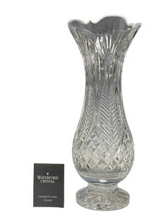 RARE Waterford Crystal Bluebell Pedestal Vase Designer Gallery Collection: The Designer's Gallery edition Waterford crystal 14 inch footed vase with flared top and original box. Box is tattered and faded as shown, Vase in good overall with paperwork and labels present. See p