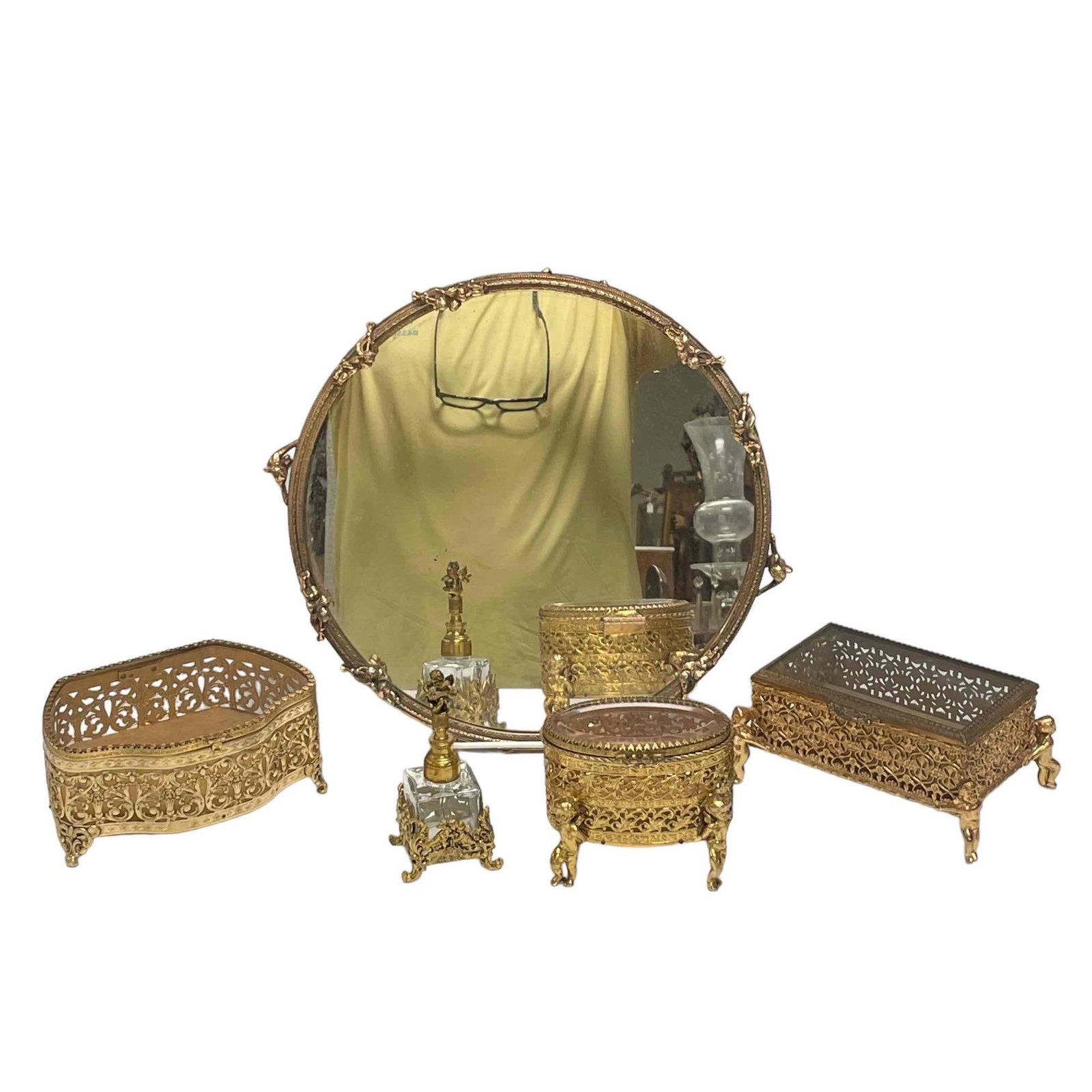 Vintage 20th C. Hollywood Regency Dresser Boxes and Mirror (1 of 20)