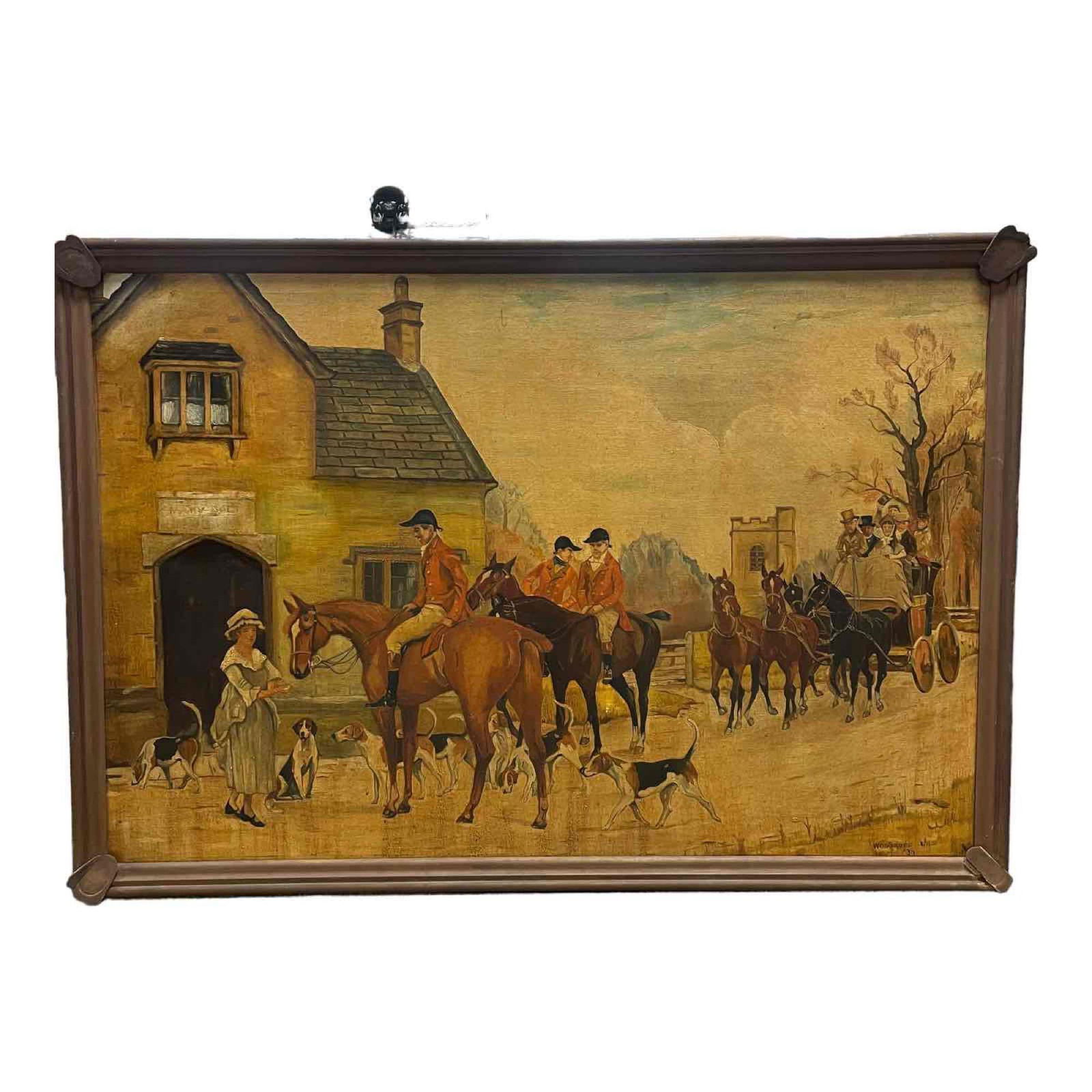 WOODRUFF ca. 1930 English Hunt Village Scene Oil on Canvas (1 of 17)