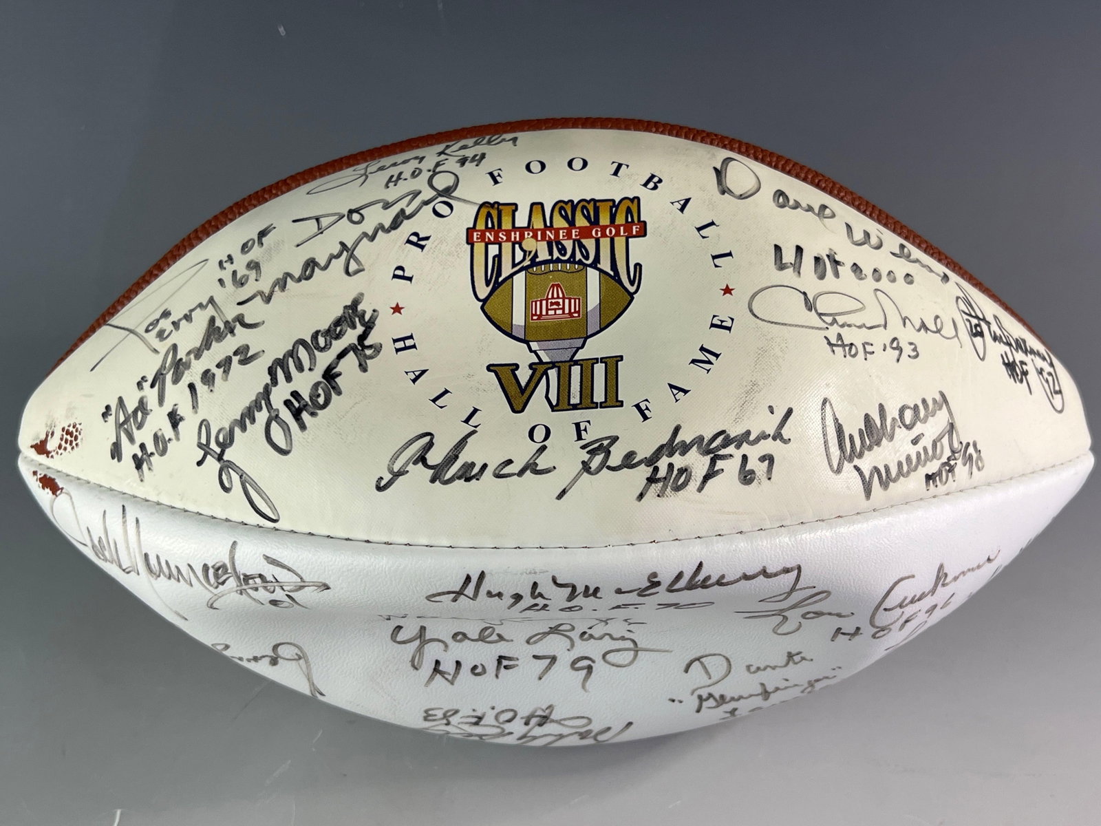 Autographed NFL Pro Football Hall of Fame Football (30)+ JSA: NFL Enshrinee Gold Classic VIII full sized football signed by (30) HOF'ers. Believe this golf outing was played around 2002.æBlack marker signatures include Deacon Jones, Anthony MuÐoz,Chuck Bednari