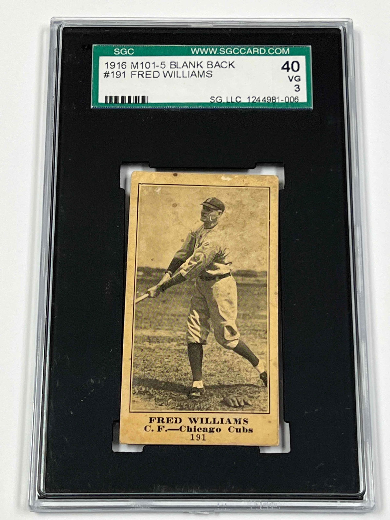 1916 M105-5 Blank Back #191 Fred Williams SGC 40: SGC 40 VG 3 grade on the Sporting News blank back.