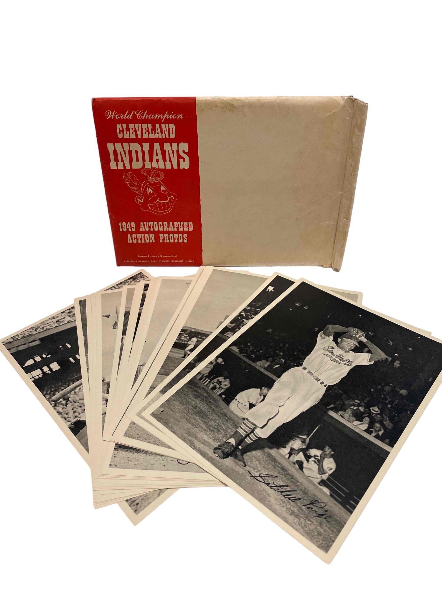 1949 Cleveland Indians Photo / Picture Pack with Satchel Paige, Larry Doby: Originally issued photo pack featuring some higher quality black and white action photos of Paige, Doby, Feller, Wynn, Boudreau, Rosen, Garcia, Lemon and more. Also, Veeck, Greenberg and others.