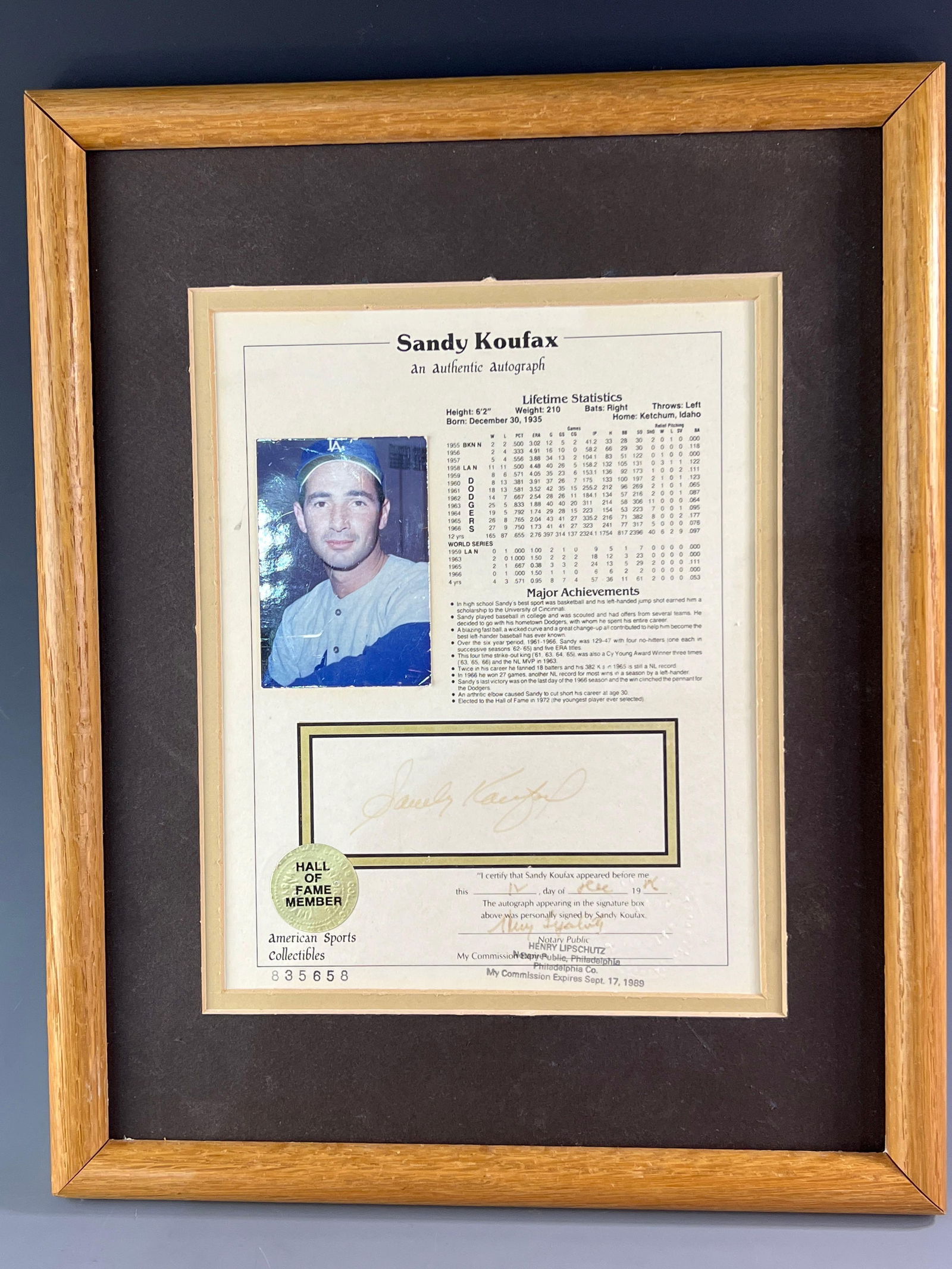 1986 Sandy Koufax Certified Autograph Display (1 of 5)