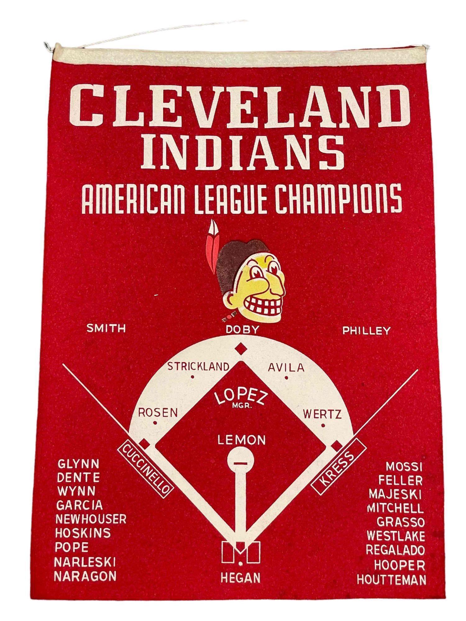 1954 Cleveland Indians Al Champions Red Banner: The red felt version of the popular rectangular "pennant" made for the Indians making it to the World Series. Nice condition for age with fold in the middle. Comes with a etal hanger and string.