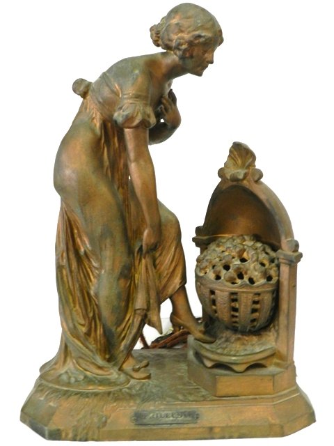 "Frileuse Art Deco Lady Figural Lamp": Frileuse art deco lady figural lamp with name plate on front "PAR J. CAUSSE". Approx. T. 16" W. 10" D. 7". Overall condition vey detailing casting with great expression in original condition.