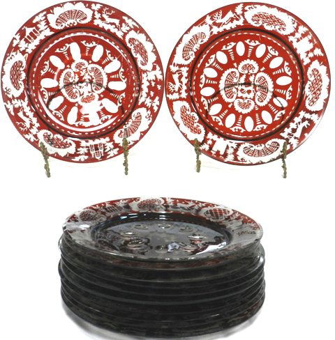 12 Bohemian Ruby To Clear Salad Plates: 12 Bohemian ruby to clear salad plates with stag and other wildlife through out as well as scenic castle scenes. Plates are assembled not identical match. Minor rim chips and surface wear. Approx 8" F